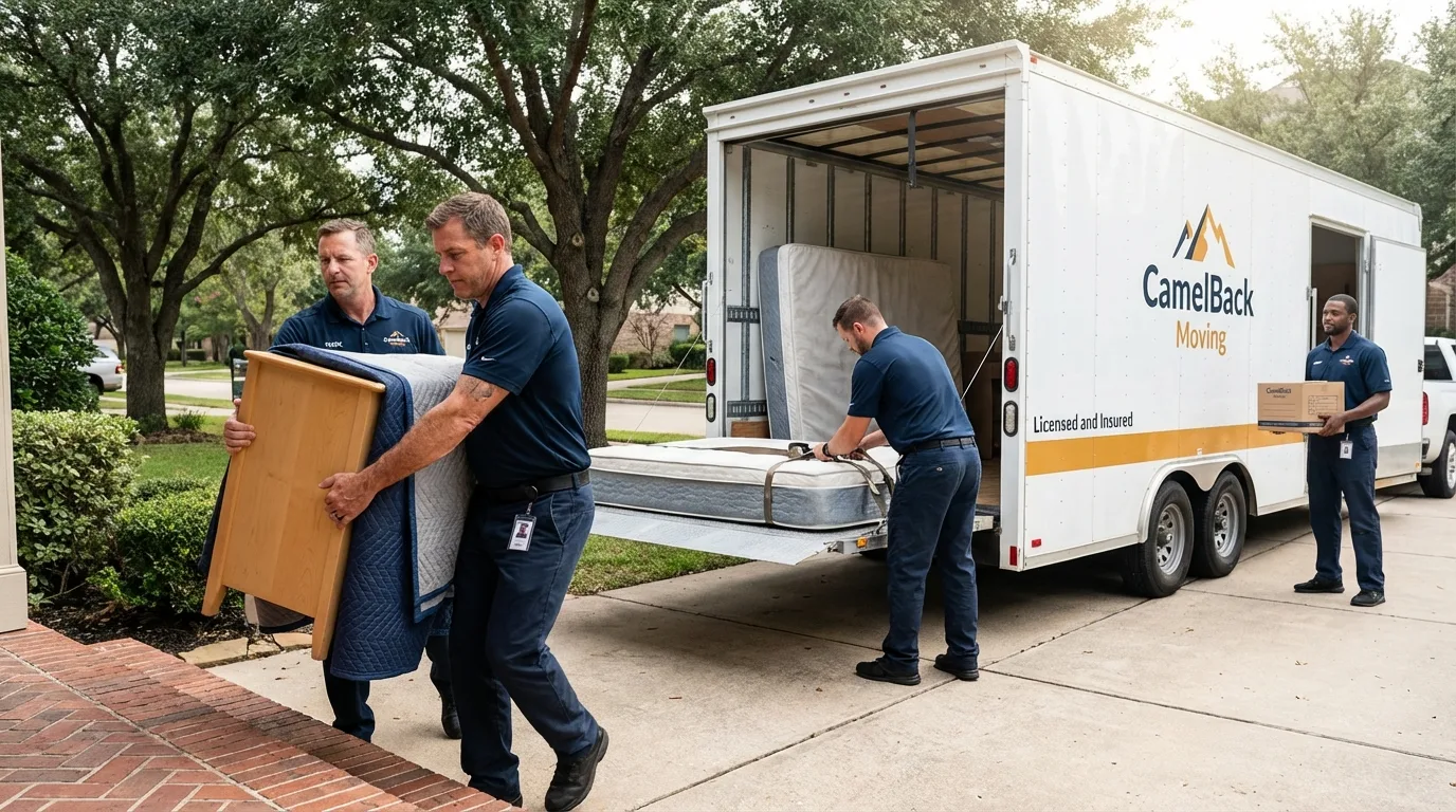 Crew loading residential truck for cross-state move from Janesville, CA