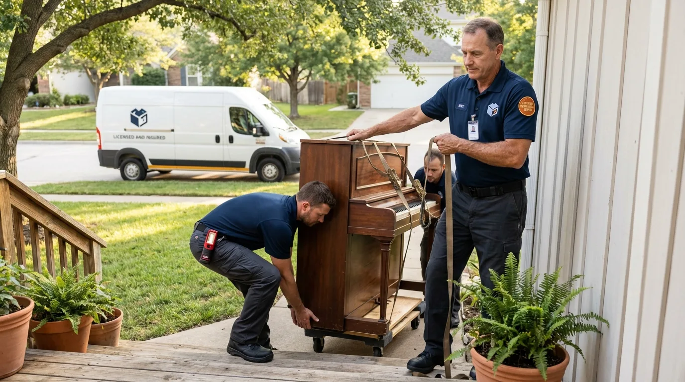 Licensed piano movers securing grand piano in Janesville, CA