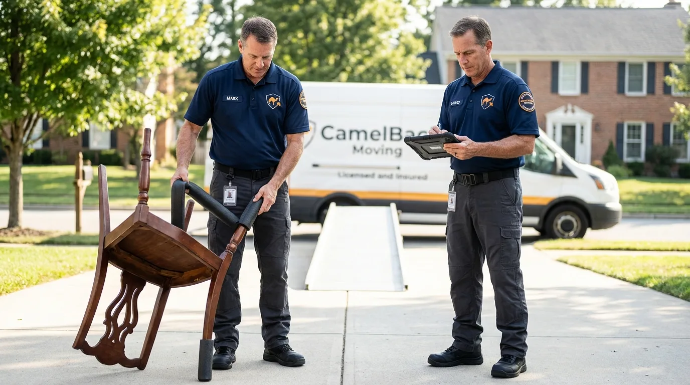 Movers inspecting furniture for damage prevention before loading in Janesville, CA