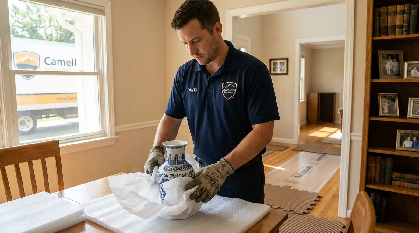 Professional crew carefully wrapping antique vase for senior downsizing move in Janesville, CA